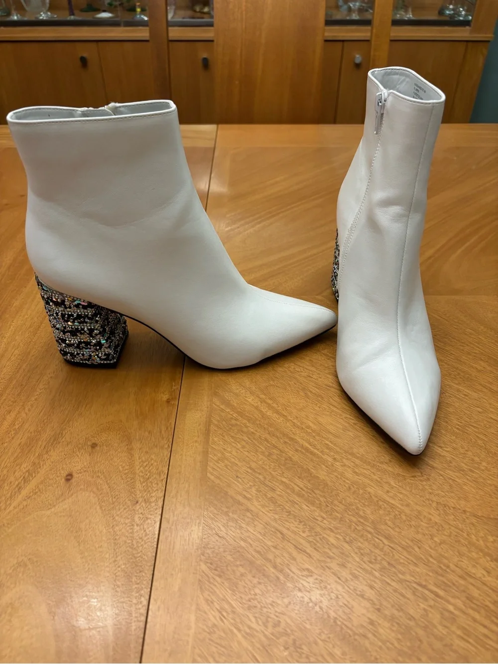 Betsey Johnson Kassie White Pointed Toe Ankle Boots Embellished Heel Size 8